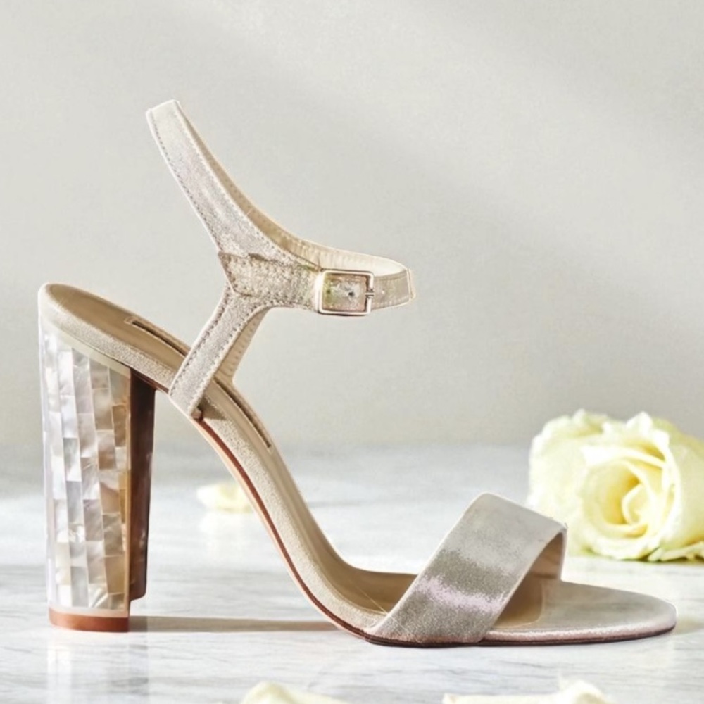 $734 Freya Rose BHLDN Martina 10 Mother of Pearl Shimmer Leather Bridal Handmade